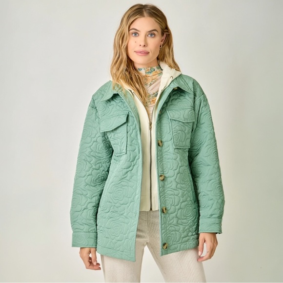 Twofer Seafoam Green Quilted Jacket Floral Stitch Cozy Layer - Picture 3 of 10